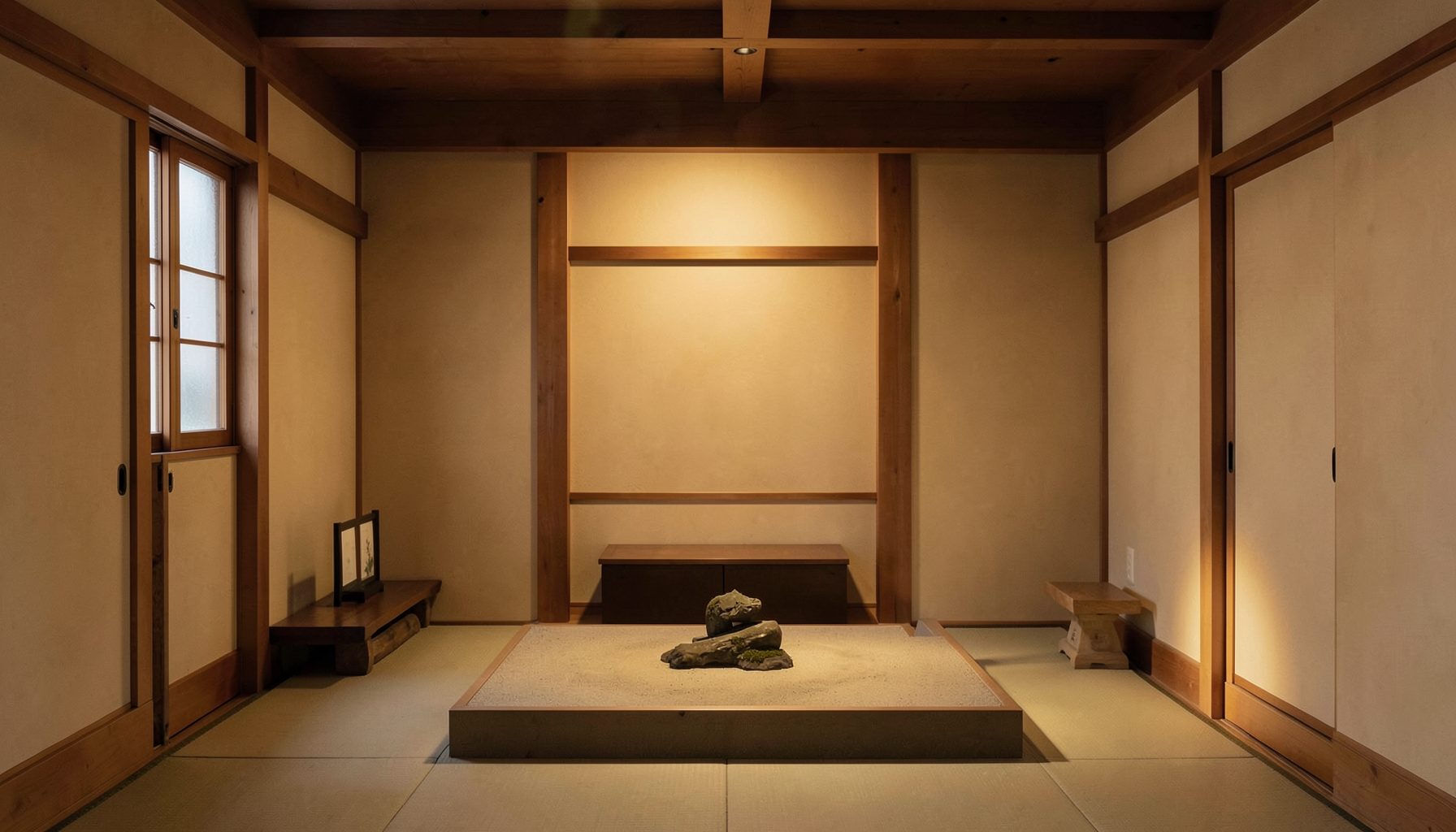 Minimalist wooden interior room with tatami-style flooring, a raised platform holding a small rock and sand arrangement