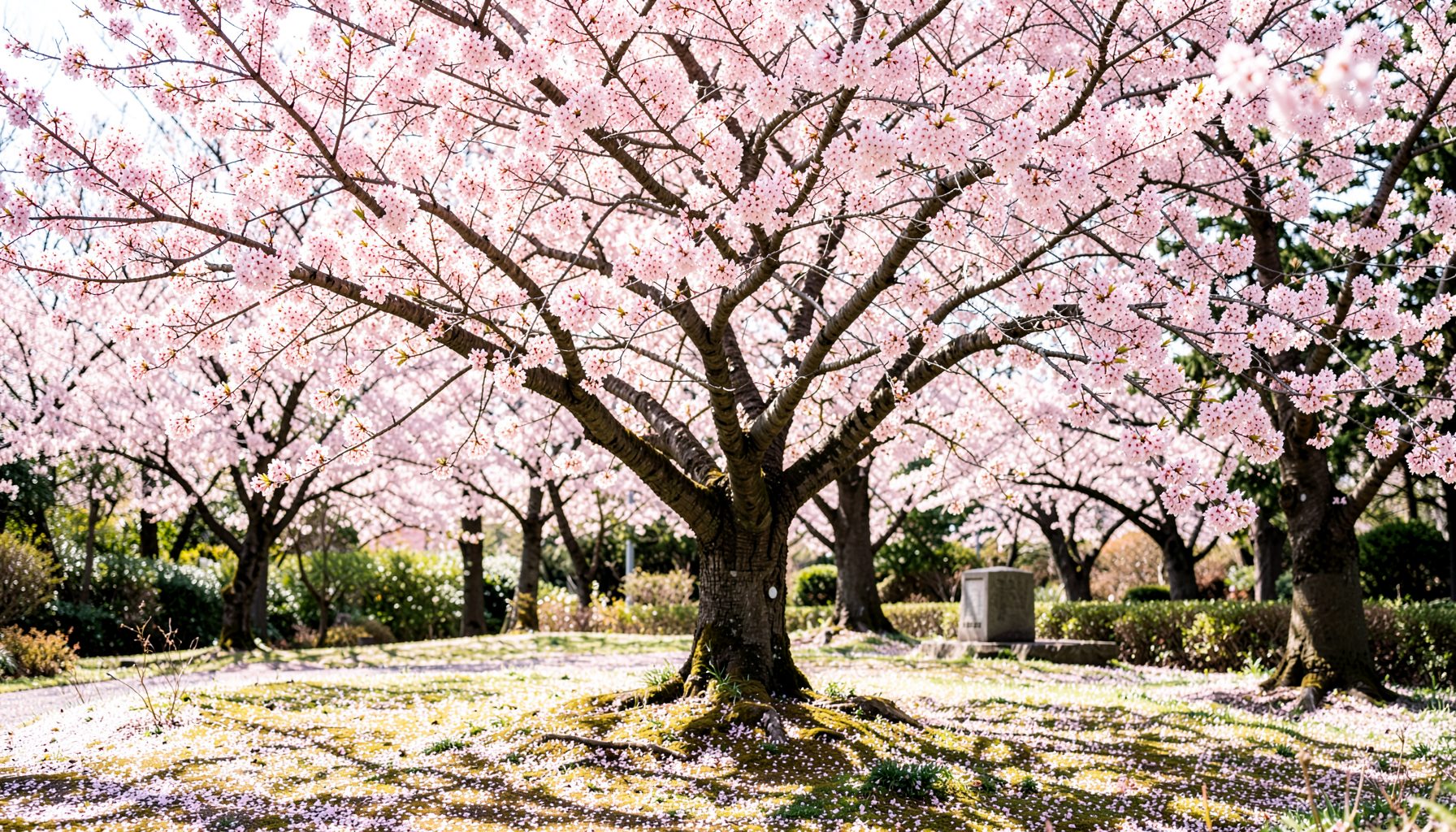桜の木の下に設けられた樹木葬区画、春の花びらが舞う明るく自然豊かな景観
