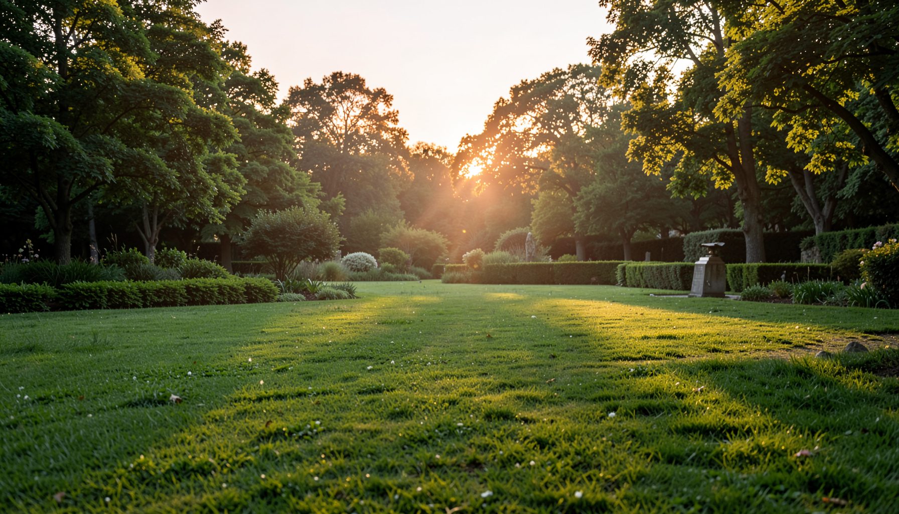 Open grassy lawn bordered by dense trees and hedges, small stone monument on the right, golden sunset light filtering through leaves