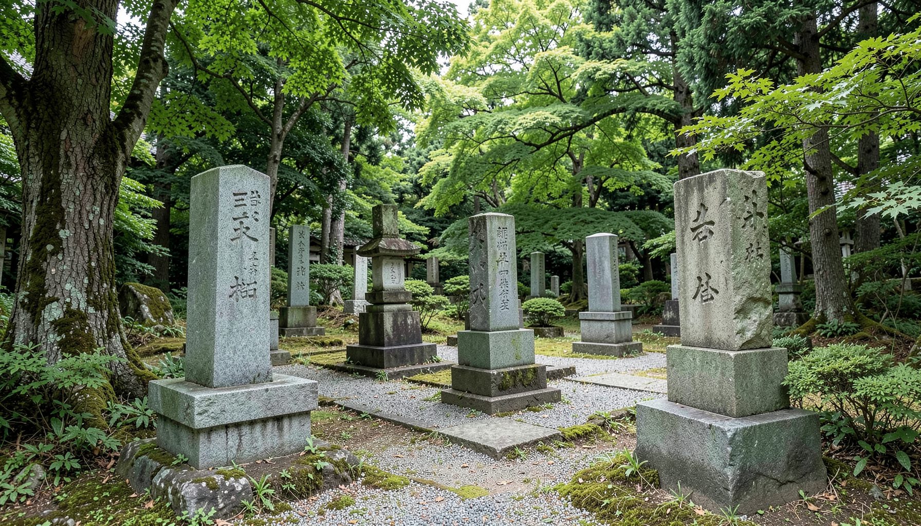 和風の落ち着いた墓石が並ぶ霊園、緑豊かな木々に囲まれた静かな空間