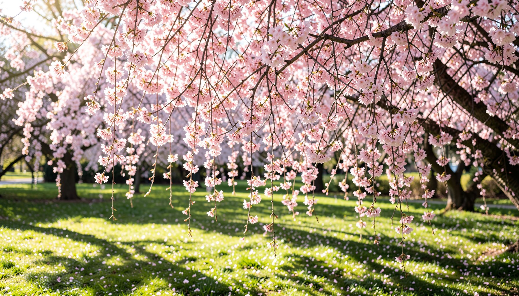 Cherry blossom tree branches hanging with pink flowers over a green lawn, dappled sunlight, soft pink and green tones