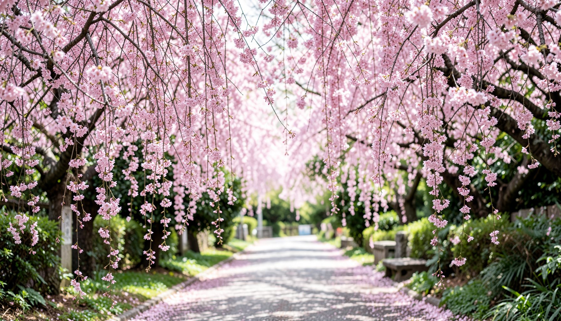 春の枝垂れ桜が咲き誇る霊園の小道、淡いピンクの花びらと新緑が美しい風景